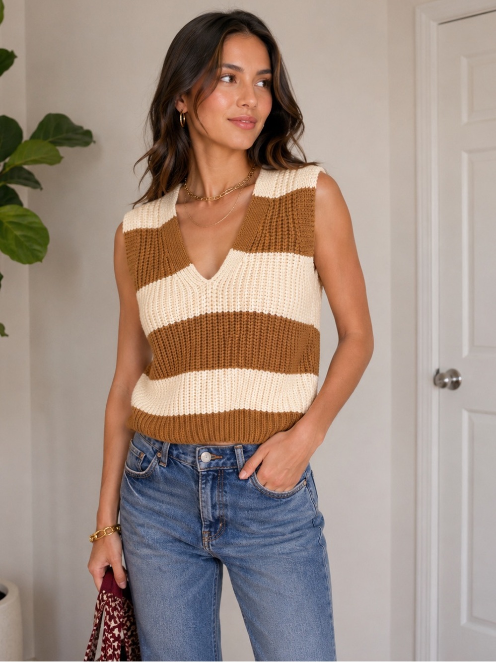 Striped Knit V-Neck Sweater Vest in Cream & Brown